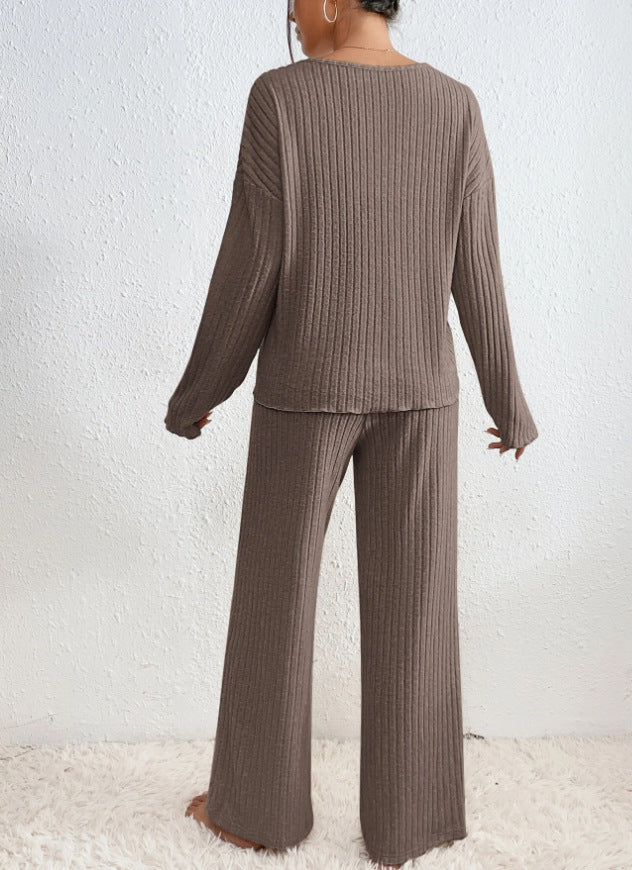 Ribbed Knit V-Neck Long Sleeve Top and Wide Leg Pants Two Piece Set