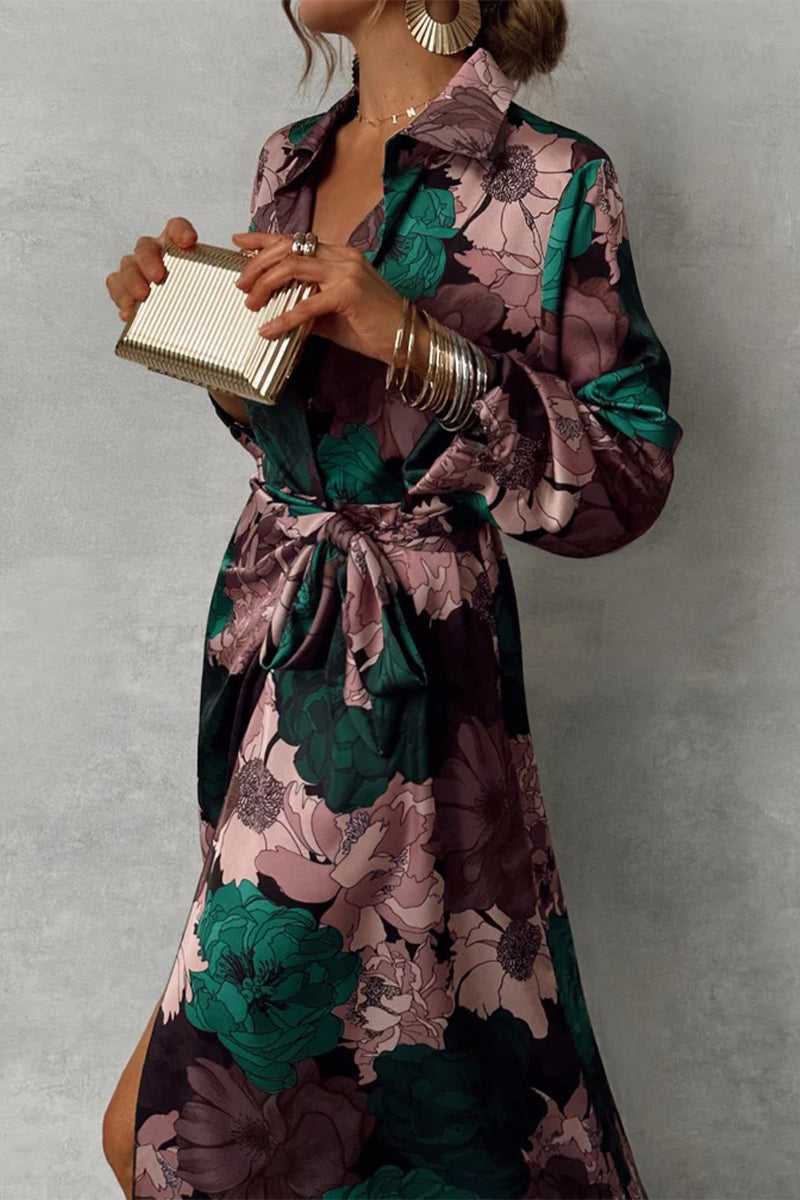 Jimena Boutique Daily Floral Print Lace Up Shirt Dresses with Slit and Turn Down Collar Premium Wardrobe Essential