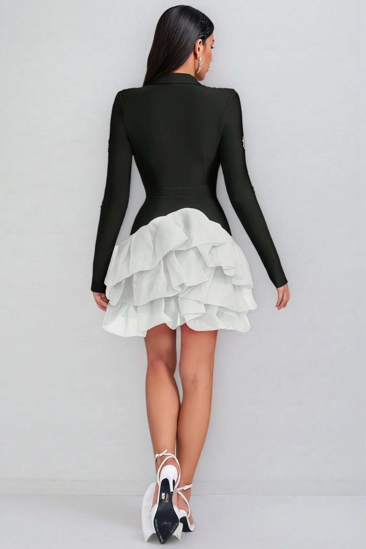 Rhinestone Collared V-Neck Long Sleeve Tiered Ruffle Hem Bandage Mini Dress 6