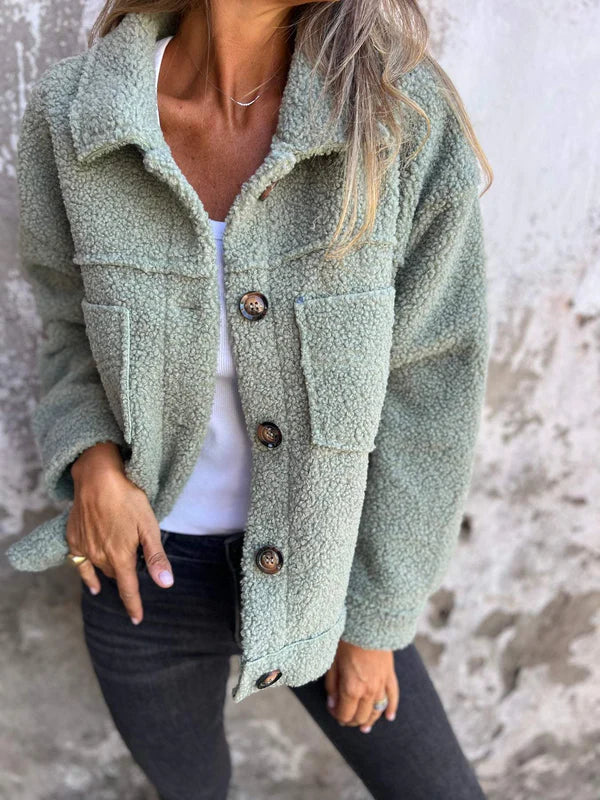 Teddy Fleece Collared Button Front Pocket Shacket Jacket