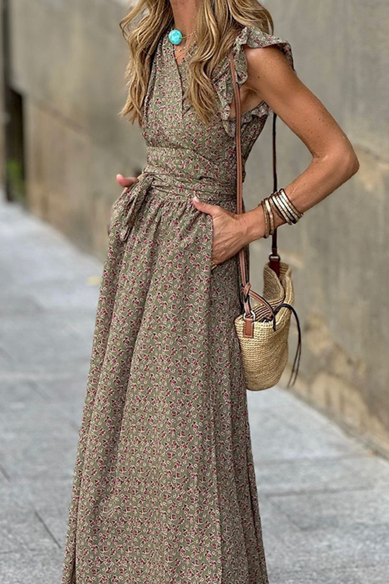 Yolanda Premium Casual Floral Print Street Dresses with Pocket Ruffles and a Line V Neck Statement Occasion Edit