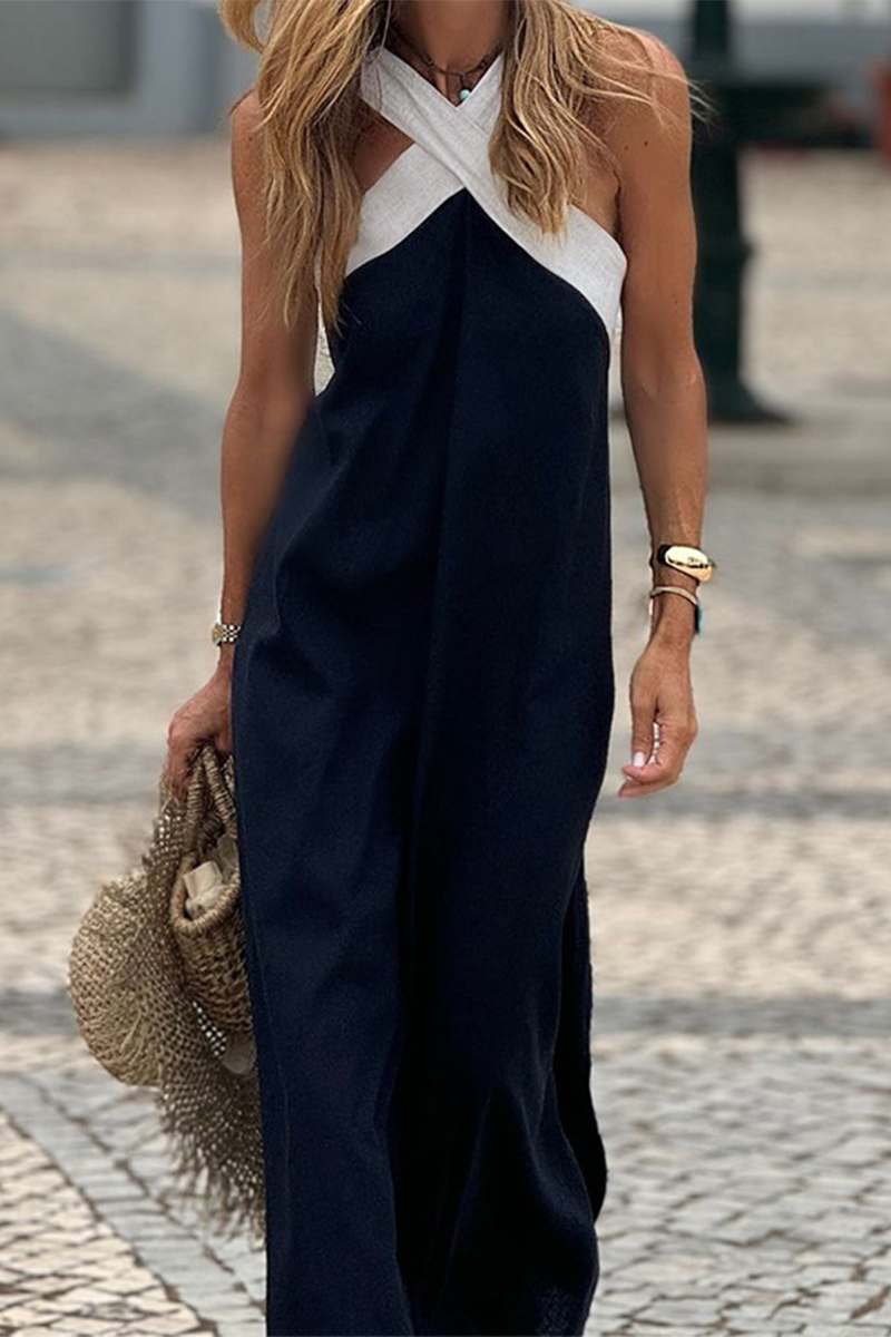 Ximena Minimalist Casual Sling Dresses with Patchwork Contrast and V Neck Boutique Dress Collection