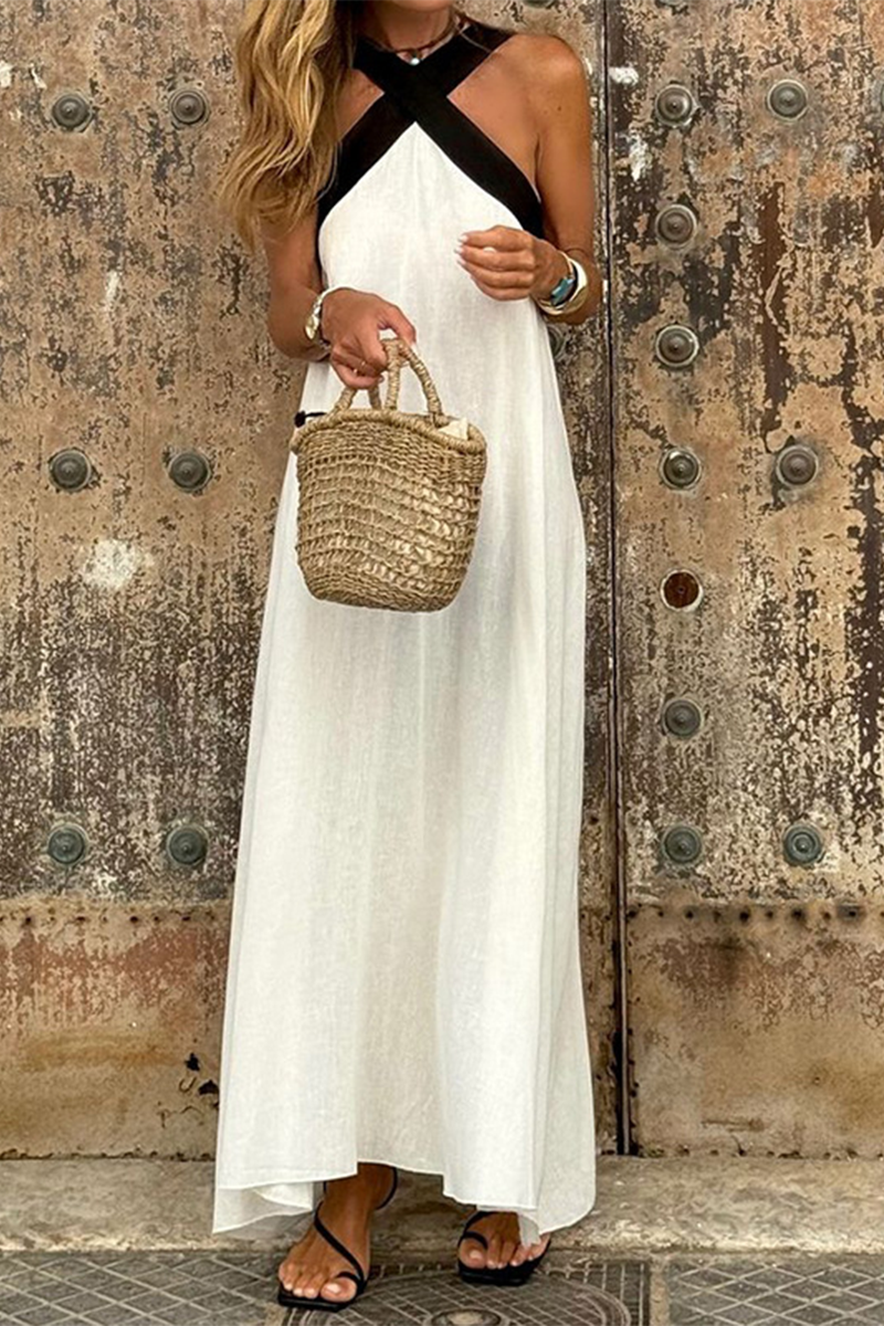 Ximena Minimalist Casual Sling Dresses with Patchwork Contrast and V Neck Boutique Dress Collection