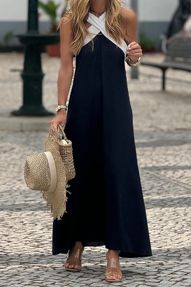 Ximena Minimalist Casual Sling Dresses with Patchwork Contrast and V Neck Boutique Dress Collection