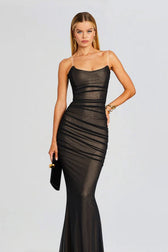 Sheer Gold Ruched Mesh Bustier Bodycon Dress