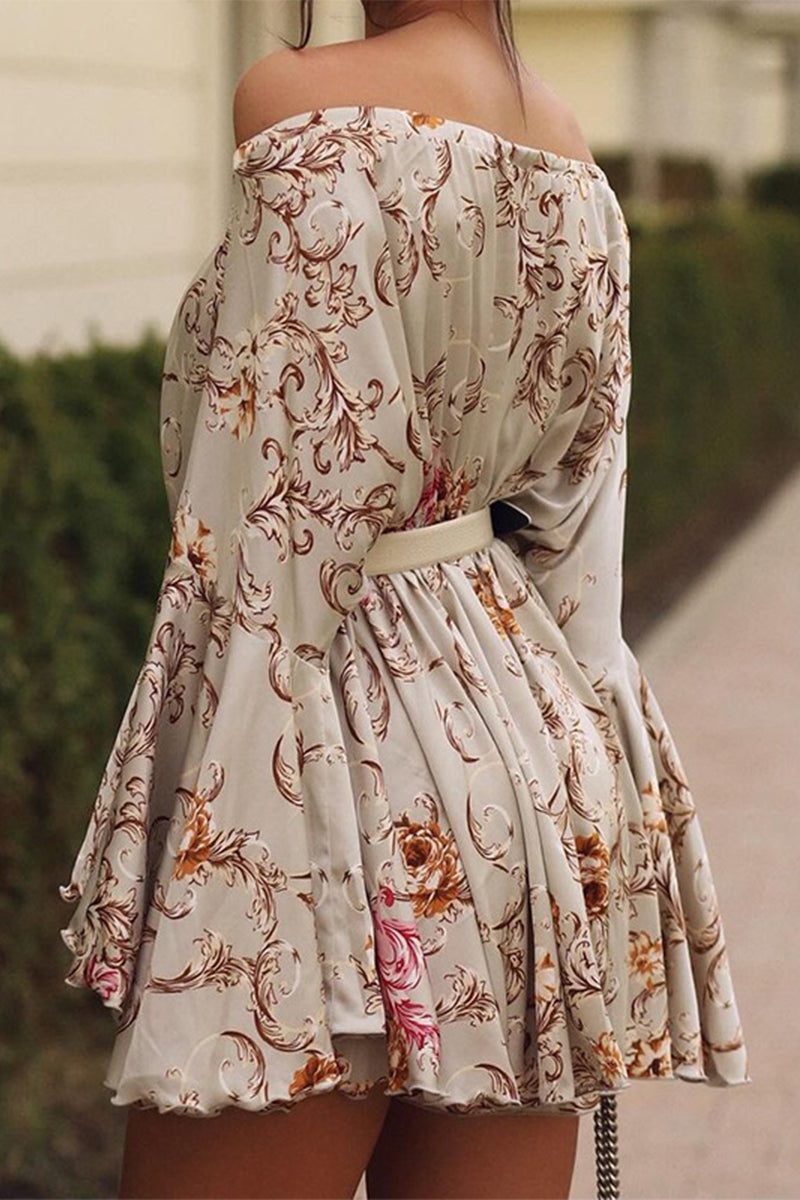 Aranza Effortless Floral Print Off Shoulder Printed Lace Up Vacation Dresses (without Waist Belt) Evening Wear Edit