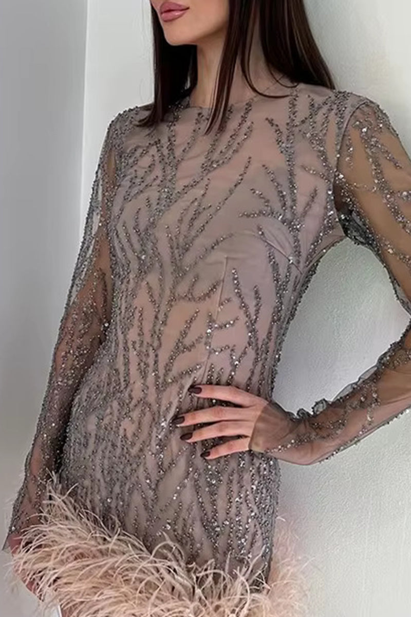 Elvira Elevated Mini Dresses with O Neck and Tinsel Feather Hem in Mesh Fabric Occasion Wear