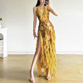 Halter Neck Deep V-Neck Ruffle Mesh Maxi Dress 4