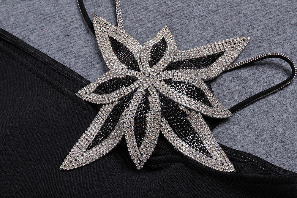 Satin Asymmetric V-Neck Rhinestone Flower Strap Bodycon Mini Dress 10