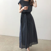 Cap Sleeve Drawstring Waist Linen Look Maxi Dress 7