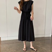 Cap Sleeve Drawstring Waist Linen Look Maxi Dress 4