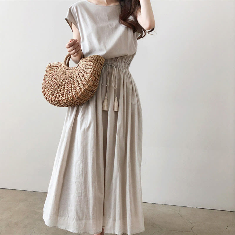 Cap Sleeve Drawstring Waist Linen Look Maxi Dress