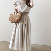 Cap Sleeve Drawstring Waist Linen Look Maxi Dress