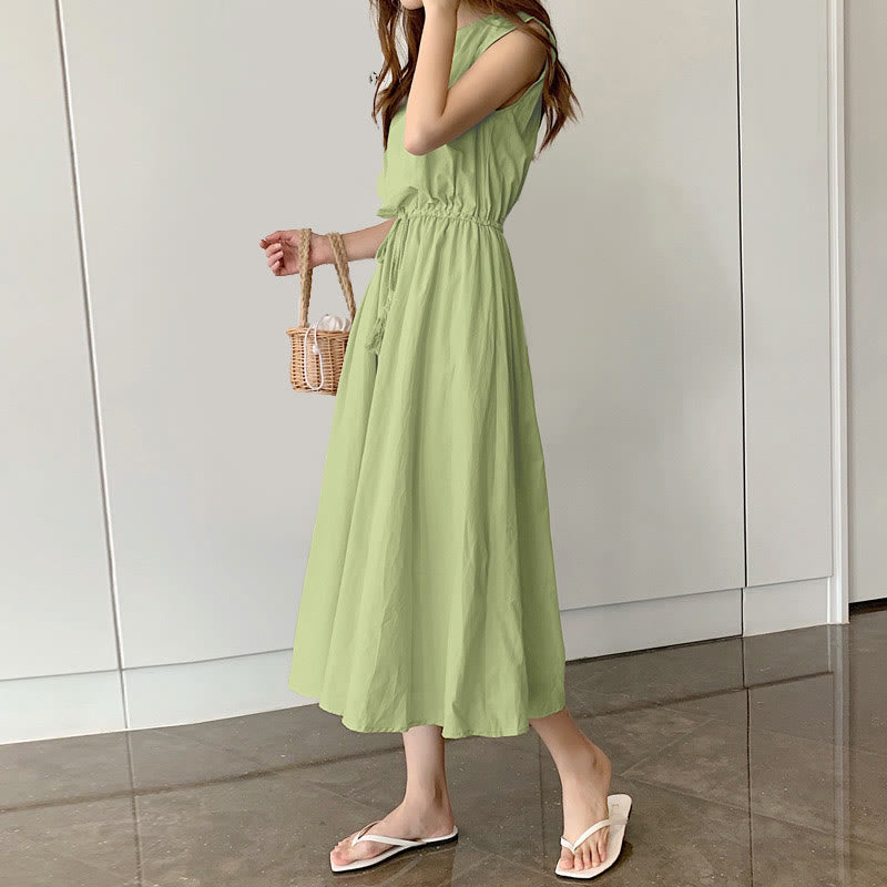 Cap Sleeve Drawstring Waist Linen Look Maxi Dress 16