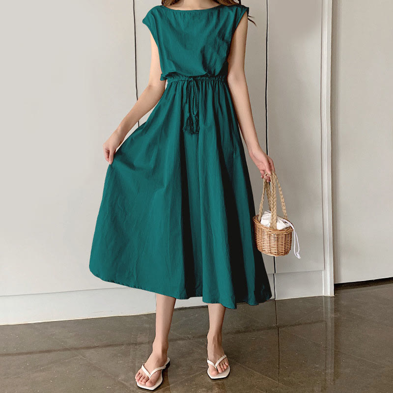 Cap Sleeve Drawstring Waist Linen Look Maxi Dress 9