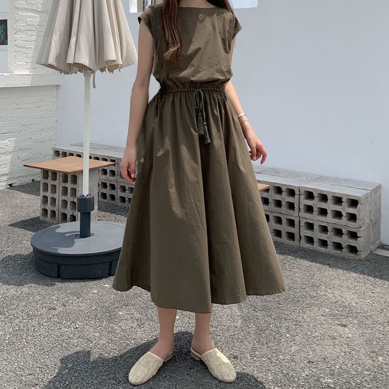 Cap Sleeve Drawstring Waist Linen Look Maxi Dress 15