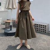 Cap Sleeve Drawstring Waist Linen Look Maxi Dress 15