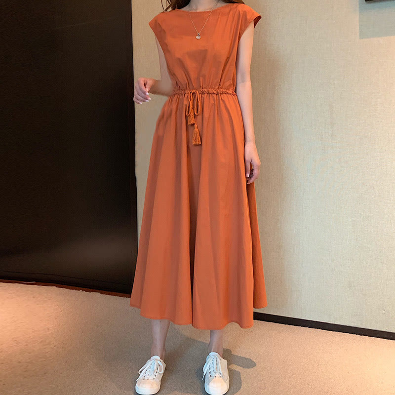 Cap Sleeve Drawstring Waist Linen Look Maxi Dress 14
