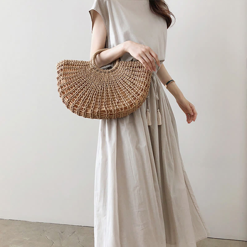 Cap Sleeve Drawstring Waist Linen Look Maxi Dress 19