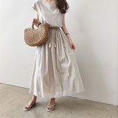 Cap Sleeve Drawstring Waist Linen Look Maxi Dress 5