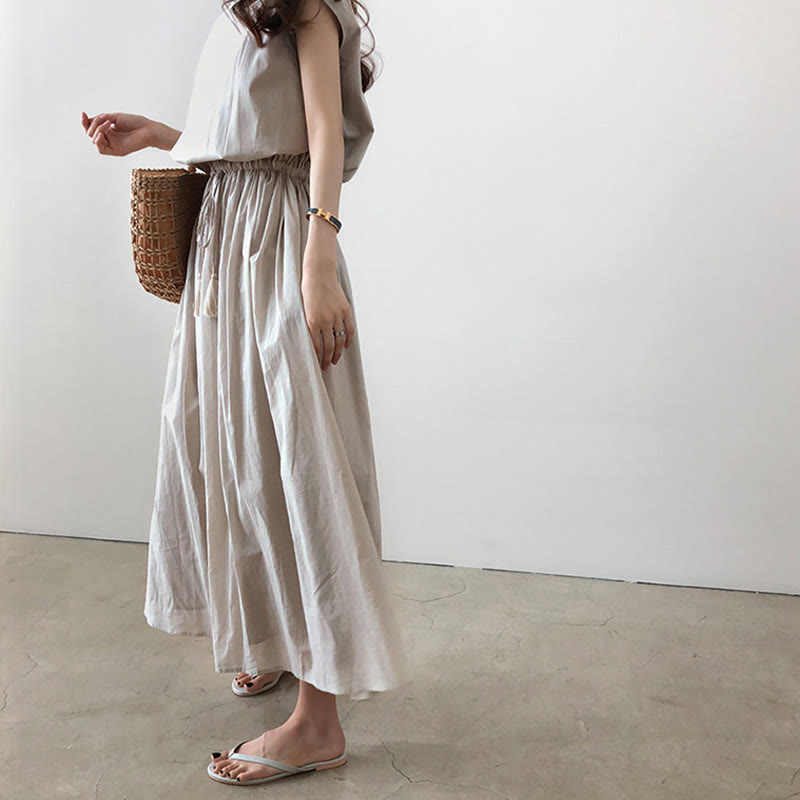 Cap Sleeve Drawstring Waist Linen Look Maxi Dress 21