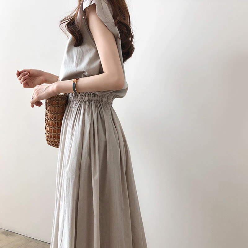 Cap Sleeve Drawstring Waist Linen Look Maxi Dress 20