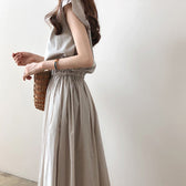Cap Sleeve Drawstring Waist Linen Look Maxi Dress 20