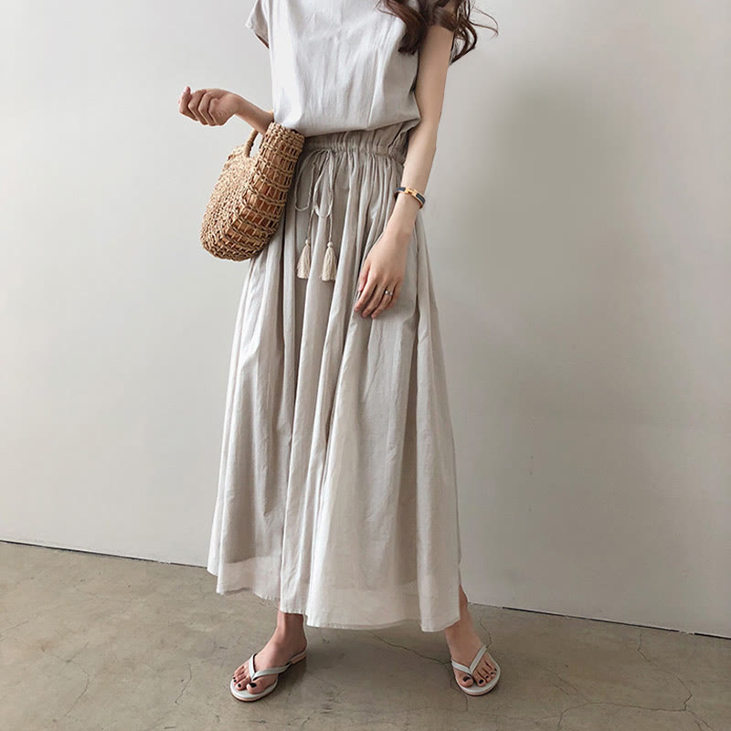 Cap Sleeve Drawstring Waist Linen Look Maxi Dress 18