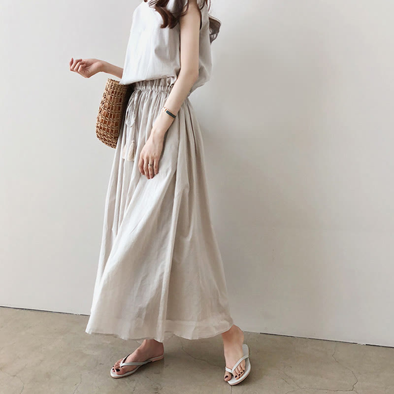 Cap Sleeve Drawstring Waist Linen Look Maxi Dress 17