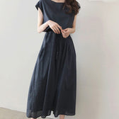 Cap Sleeve Drawstring Waist Linen Look Maxi Dress 8
