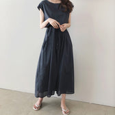 Cap Sleeve Drawstring Waist Linen Look Maxi Dress 10