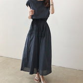 Cap Sleeve Drawstring Waist Linen Look Maxi Dress 24