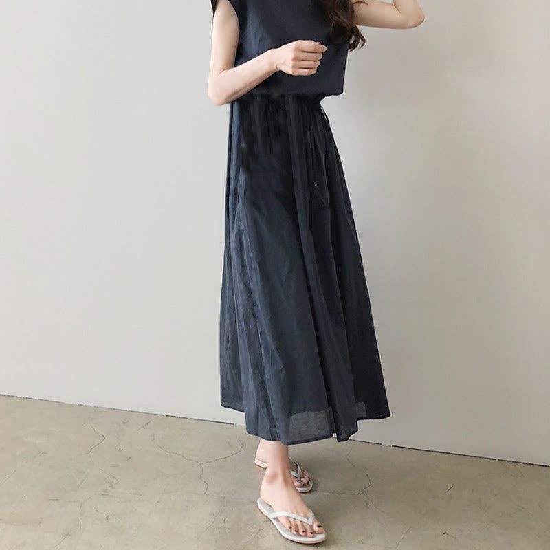 Cap Sleeve Drawstring Waist Linen Look Maxi Dress 11