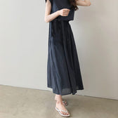 Cap Sleeve Drawstring Waist Linen Look Maxi Dress 11