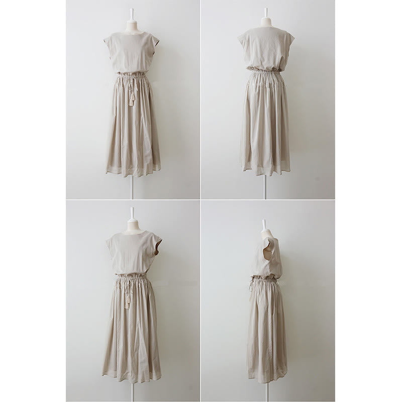 Cap Sleeve Drawstring Waist Linen Look Maxi Dress 6