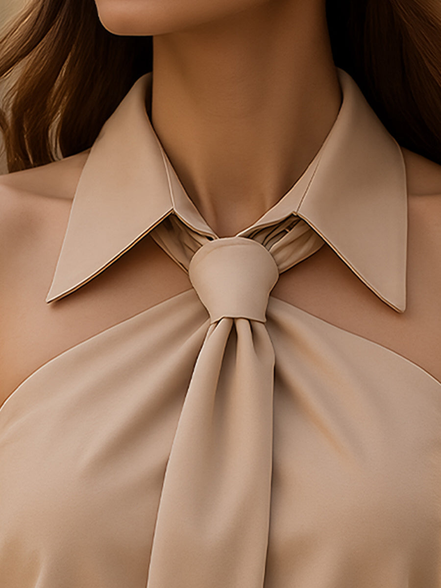 Collared Halter Neck Tie Front Sleeveless Satin Top