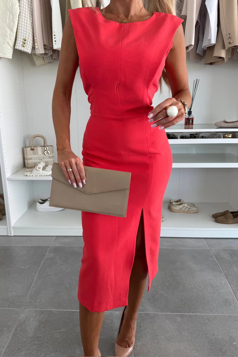 Sleeveless Ruched Front Slit Bodycon Midi Dress 3