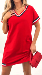 V-Neck Short Sleeve Varsity Striped Trim Mini Dress