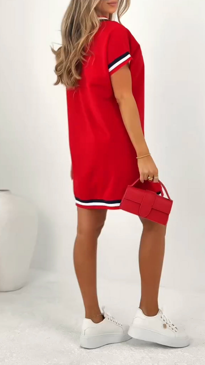 V-Neck Short Sleeve Varsity Striped Trim Mini Dress 4