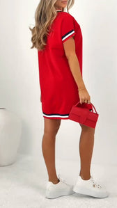 V-Neck Short Sleeve Varsity Striped Trim Mini Dress 4