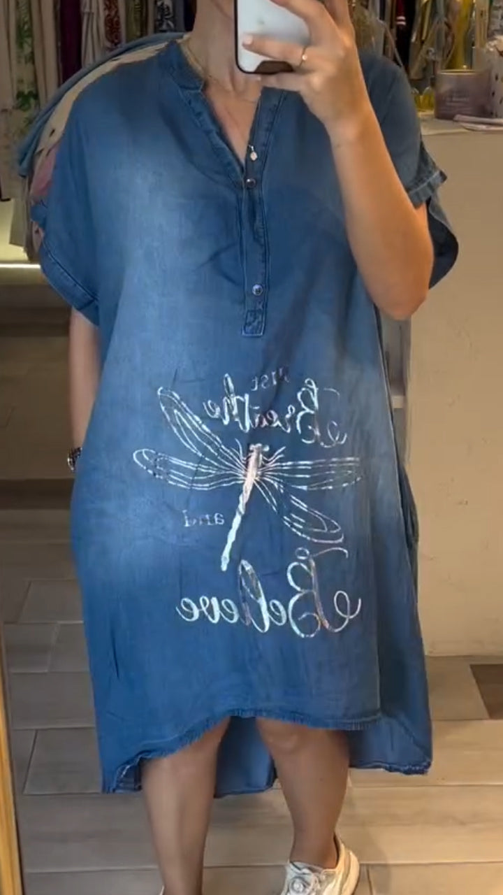 Dragonfly Print Short Sleeve Denim Shift Midi Dress