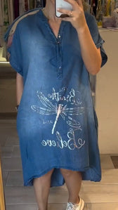 Dragonfly Print Short Sleeve Denim Shift Midi Dress