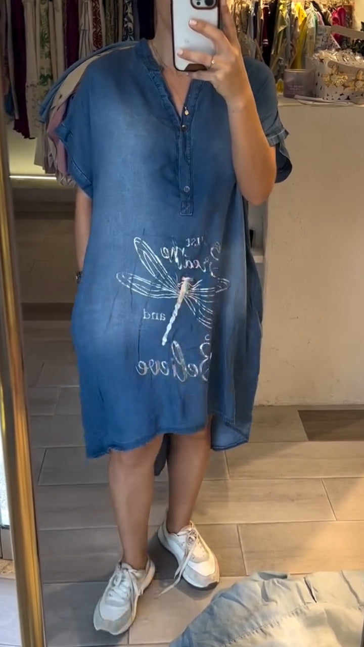 Dragonfly Print Short Sleeve Denim Shift Midi Dress 2