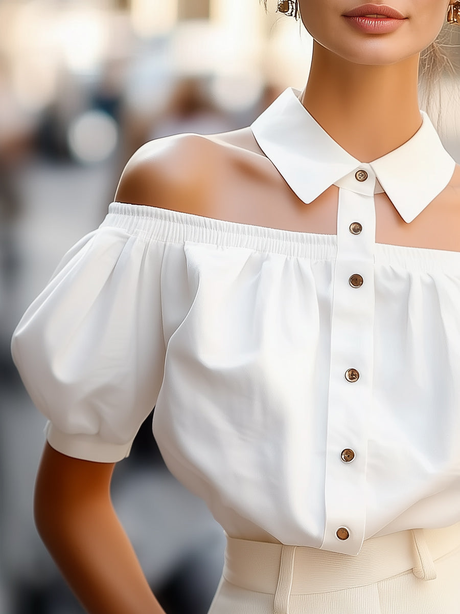 Off Shoulder Collared Button Front Puff Sleeve Top