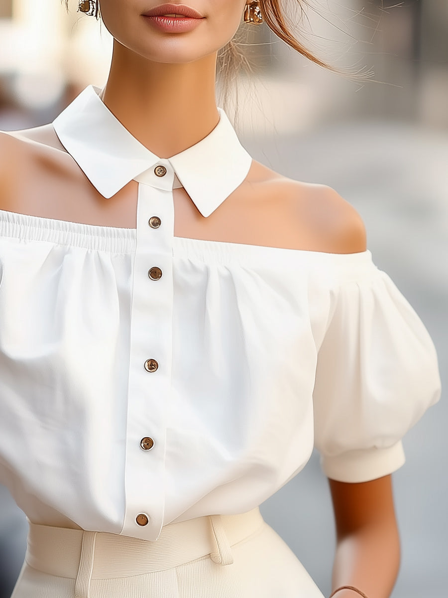 Off Shoulder Collared Button Front Puff Sleeve Top