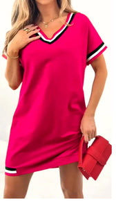 V-Neck Short Sleeve Varsity Striped Trim Mini Dress 6