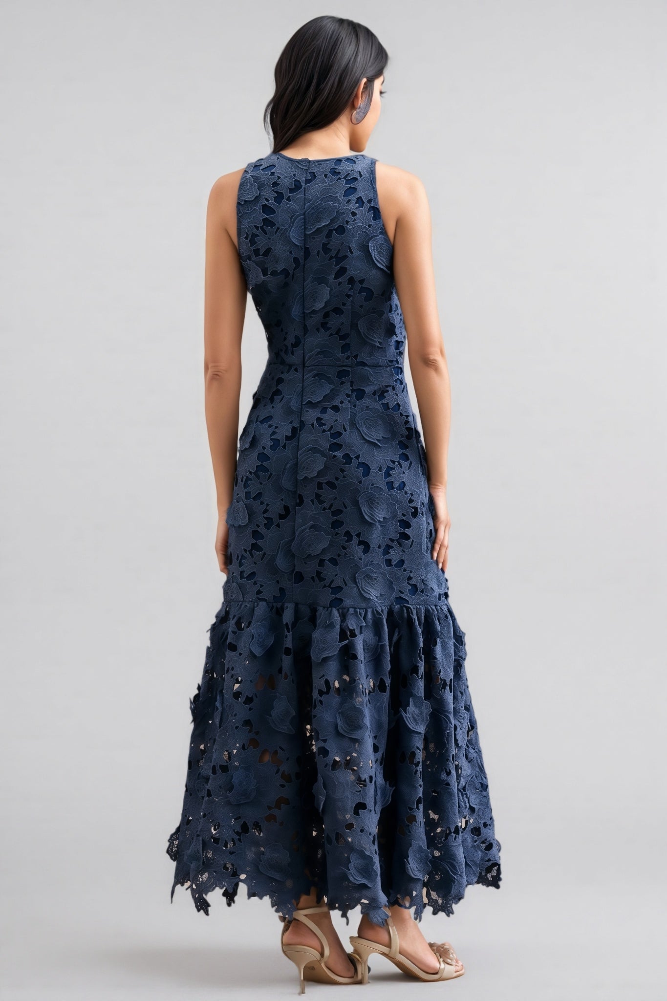 Almond Blue Sleeveless Lace Maxi Dress - View 6