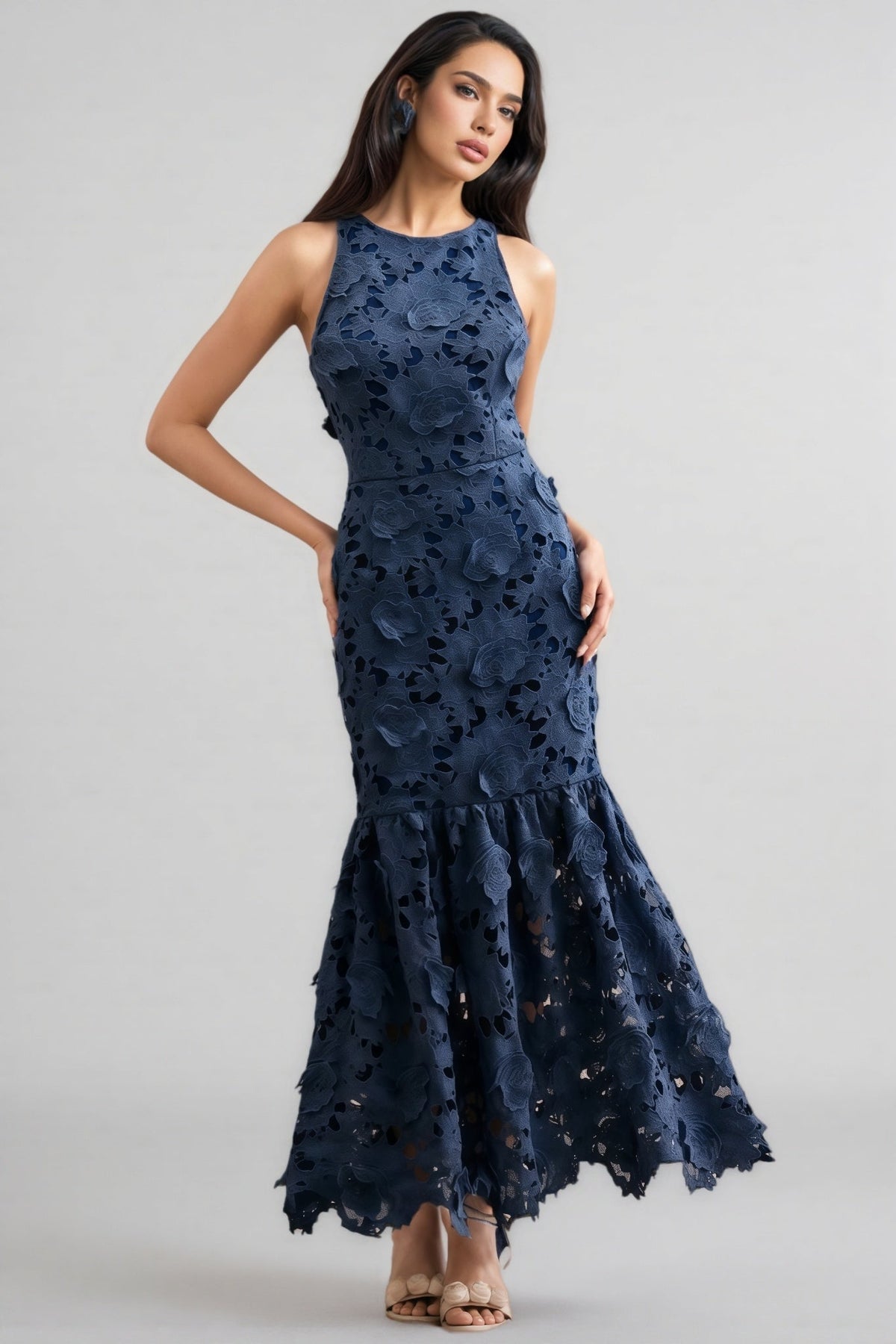 Sleeveless Round Neck 3D Floral Cut Out Lace Mermaid Maxi Dress