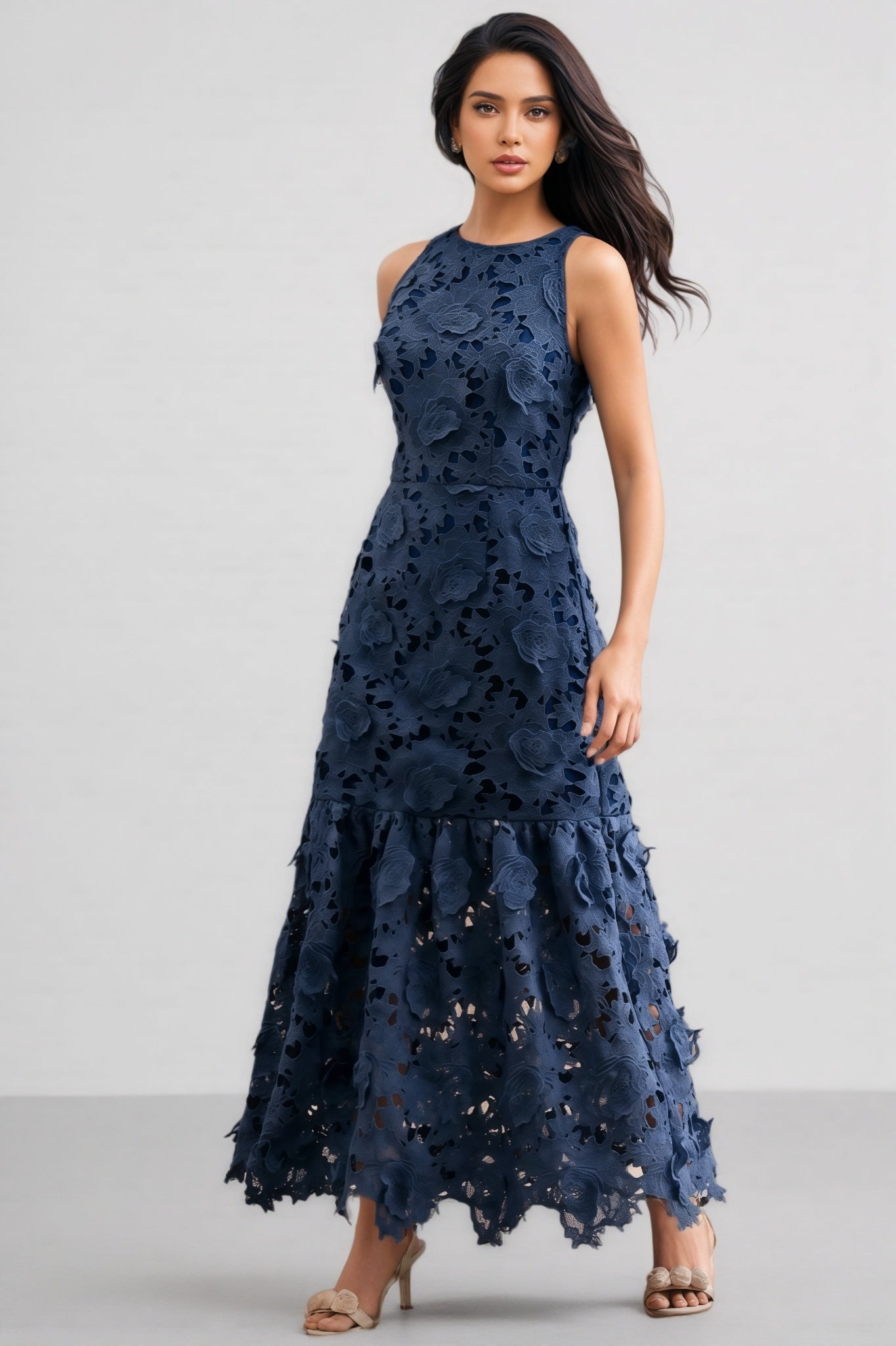 Almond Blue Sleeveless Lace Maxi Dress - View 2