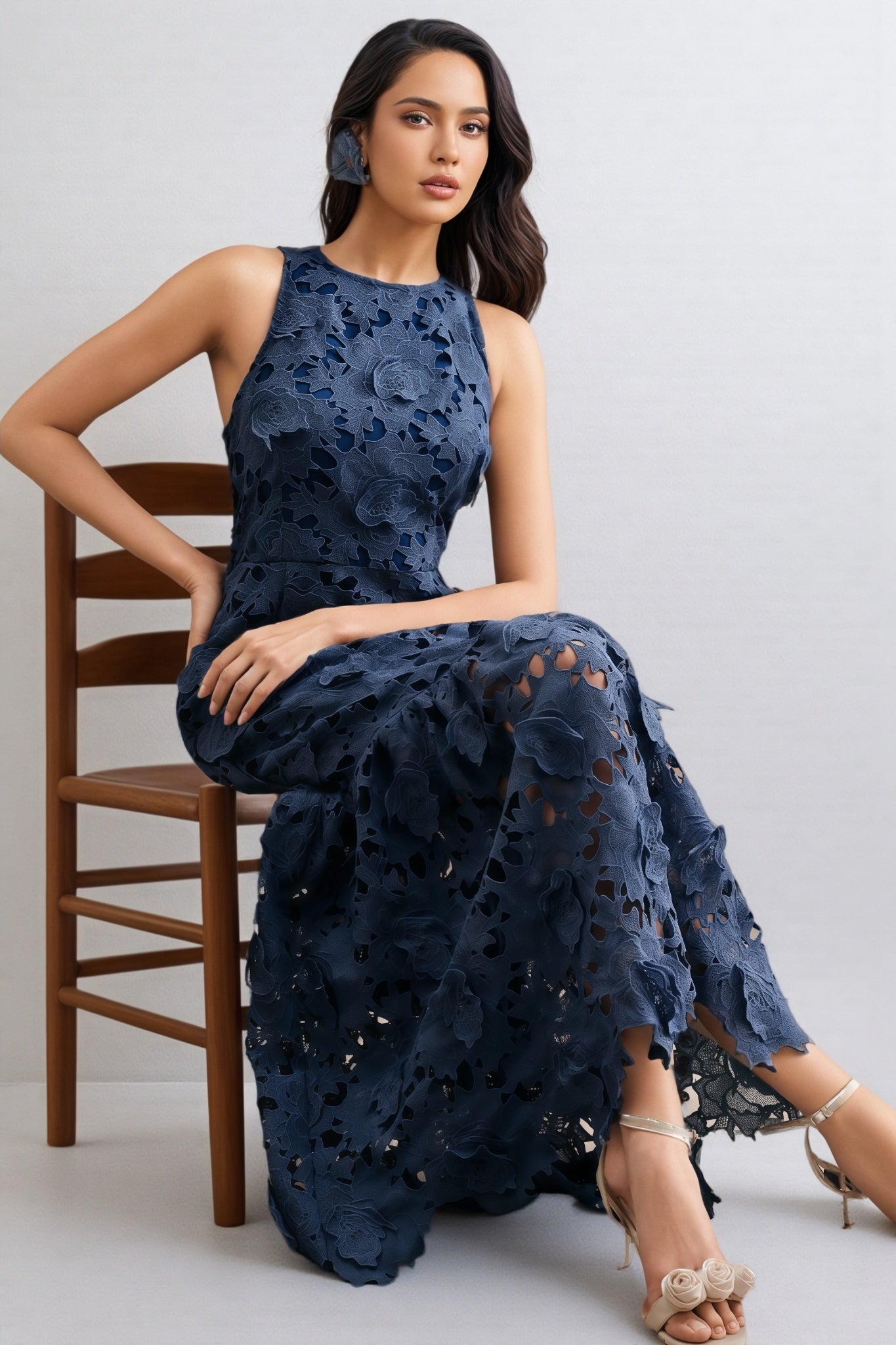 Almond Blue Sleeveless Lace Maxi Dress - View 5